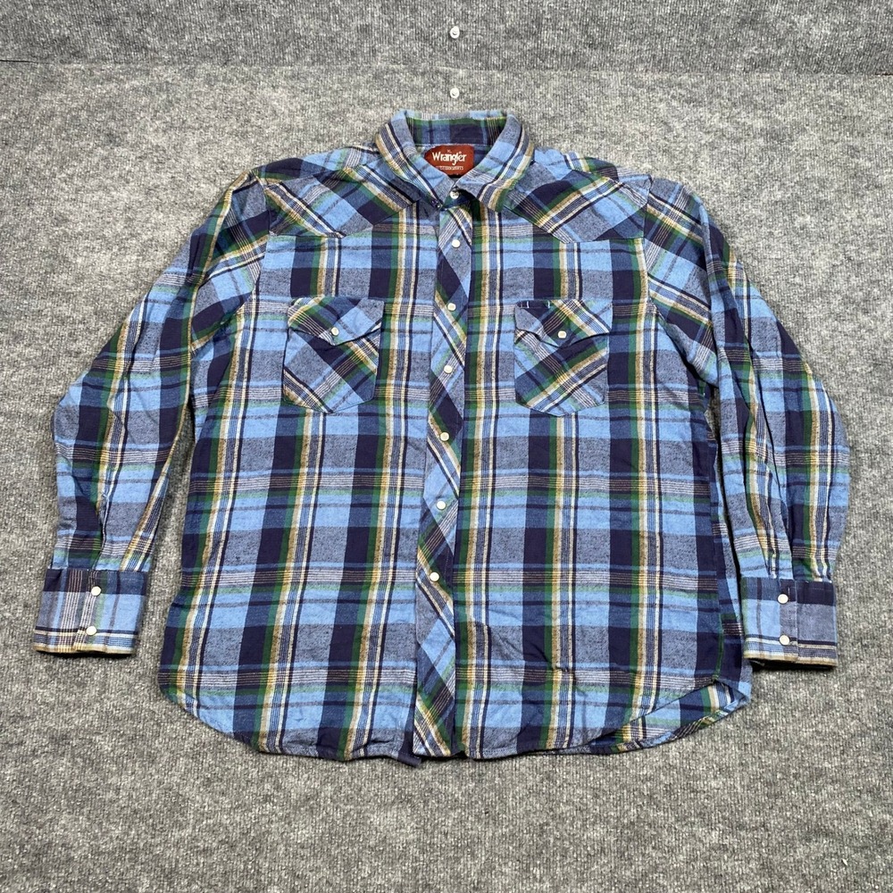 Wrangler Western Shirts Mens XL Blue Green Plaid Pearl Snap Long Sleeve‎ Yoke